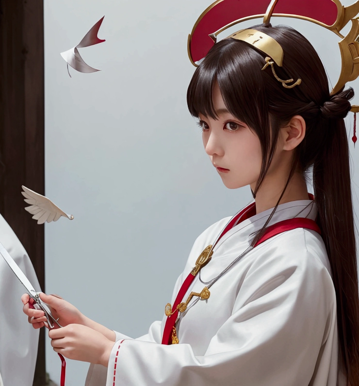 Japanese female priest、The costume is mainly white with red lines running down the shoulders.、Sideways、Holding a pair of silver sewing scissors、Gold hair ornament on the back of the head、Dark brown hair、Straight Long Hair、In the temple grounds、Upper body close-up