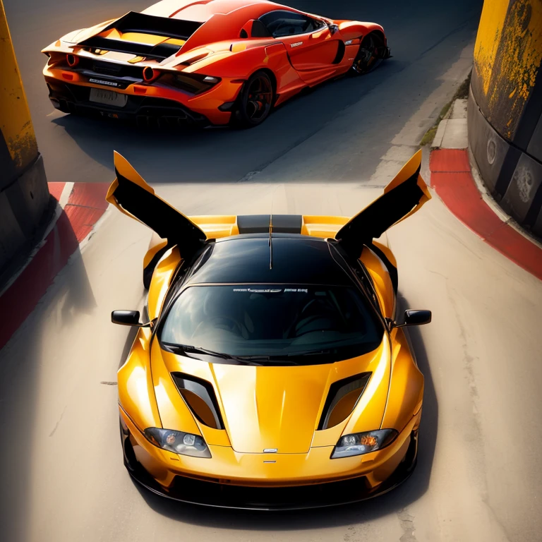 spiked sports car with open doors parked in a parking lot, cinematic front shot, mclaren, top - down photo, top-down perspective, 正面, top-down shot, top - down photograph, top down view, auto photography, central straight composition, top-down perspective, top - down photo, close up shot from the top, vehicle photography, Top-down view