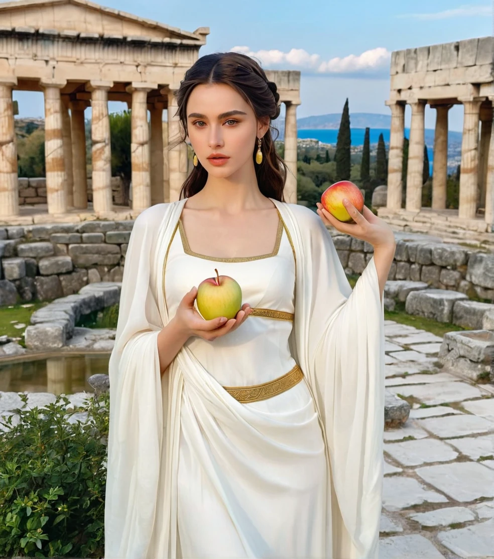 Powerful Greek goddess Eris holding a golden apple in one hand and with the other holding a dagger and she is wearing classical Greek clothes and in the background there is an ancient Greek garden with temples from classical times, body skinny, black, slightly wavy hair down to the shoulders, breasts big, shoulders outside, caucasian white skin, gray green eyes, barefoot, serious and determined face, beautiful and young face, photo realist, professional photograpy, perfect contours, majestic and elegant woman, best qualityer, hight contrast, high saturation, High- sharpness, Ablaze