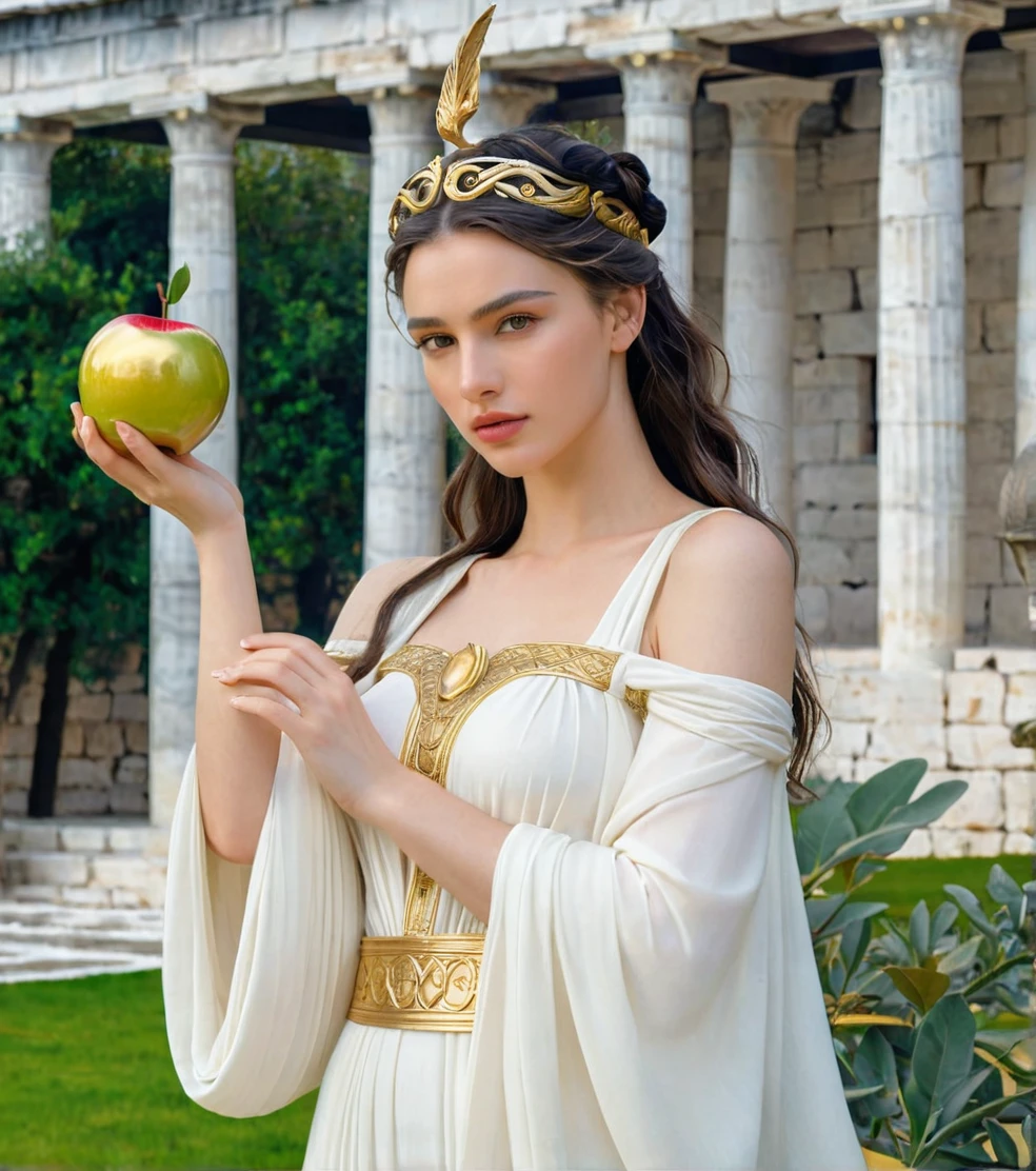 Powerful Greek goddess Eris holding a golden apple in one hand and with the other holding a dagger and she is wearing classical Greek clothes and in the background there is an ancient Greek garden with temples from classical times, body skinny, black, slightly wavy hair down to the shoulders, breasts big, shoulders outside, caucasian white skin, gray green eyes, barefoot, serious and determined face, beautiful and young face, photo realist, professional photograpy, perfect contours, majestic and elegant woman, best qualityer, hight contrast, high saturation, High- sharpness, Ablaze