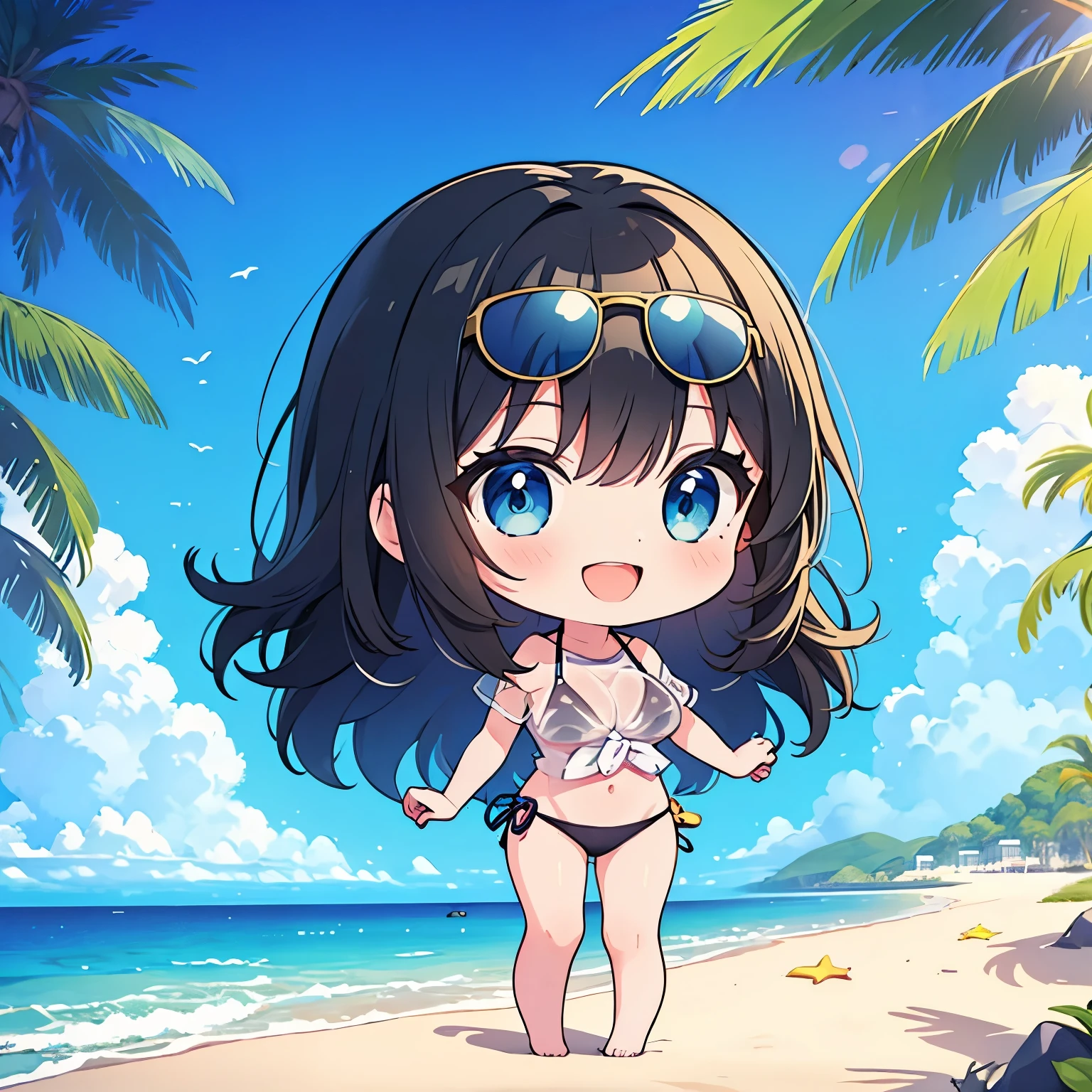 ((Highest quality)), ((masterpiece)), (detailed), Perfect Face, Perfect Arms, Perfect hands, Perfect Fingers, anime, Ultra-fine illustration, (One girl), cute, ((Chibi Character)), See-through shirt, Bikini under clothes, Long black hair, ((sunglasses)), Glamorous figure, Large breasts, (Smile:1.3), Are standing, (Put your hands behind your back), Ocean, Beach, summer, noon, blue sky, Outdoor, Full Body Shot,