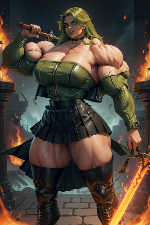 (1  muscular beauty female,warrior,half orc, humanoid,green skin, messy red hair,scar:1.3),large breasts, fantasy world, medieval, cave, mining operation, fortifications, (no bra,leather micro miniskirt, threatening armor, leg guard, gauntlets:1.2), red cape,dynamic fighting pose,dynamic angle,cameltoe,smile,(holding weapon:1.2),erected nipples,(tattoo on shoulder and legs :1.2),from below,spread legs,show off pussy