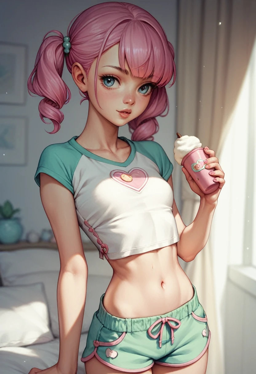 1 pretty woman, short pink hair with pigtails, small waist, skinny, small crop top, cotton short pajama shorts,