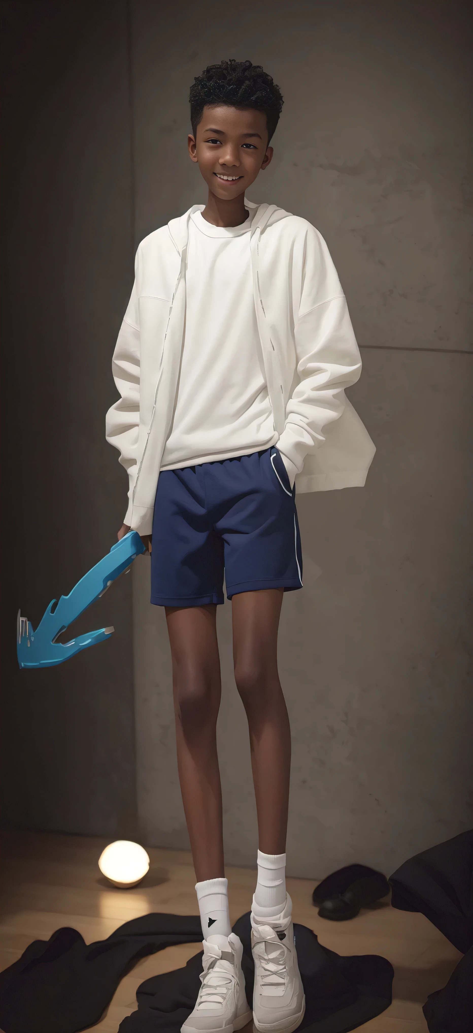 14 year old boy，（Wearing white tennis clothes，Wearing black socks），Dark skin，Big round eyes，Very short hair，Tall and skinny，Toothy Smile，Sharpen details，Knee muscle lines，Blue Background，The axe in my hand is dripping with blood，Bloodthirst，Murderous maniacs，Highest quality，HD Wallpapers