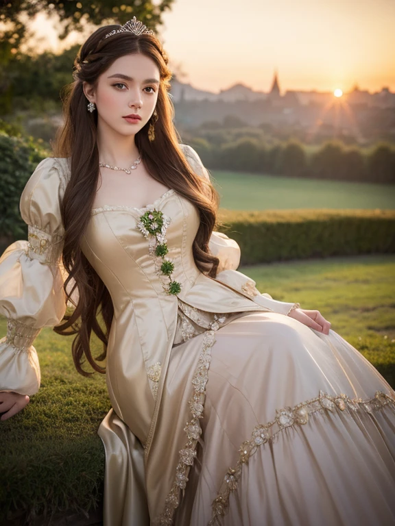 A noble looking princess, with medium length brown hair, green eyes, fancy accessories, princess clothing, Victorian era style fashion, big castle background, sunrise, photographic backdrop, studio lighting, 8k, high resolution