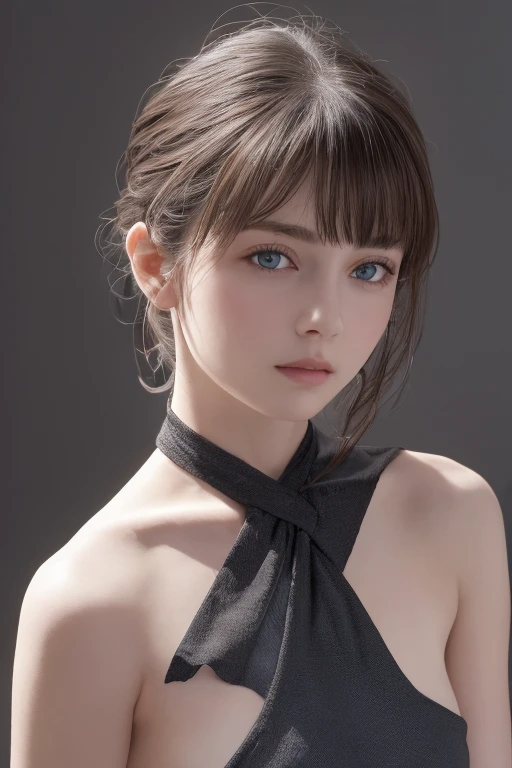 tight black top:1.2, Looking at the audience, cinema lighting, perfect, luz outfit, high resolution skin:1.2, realistic skin texture, 14 years、a small face、without makeup、, off the shoulders,bust cup b、small neckline, blue eyes, GOOD, Dark brown hair、completely naked、Gray background、