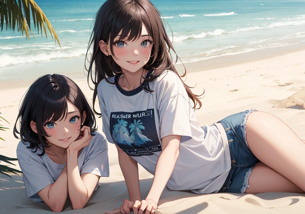 ((Highest quality)), ((masterpiece)), (detailed), Multiple Girls, Beach,smile,summer,Perfect Fingers,T-Shirts