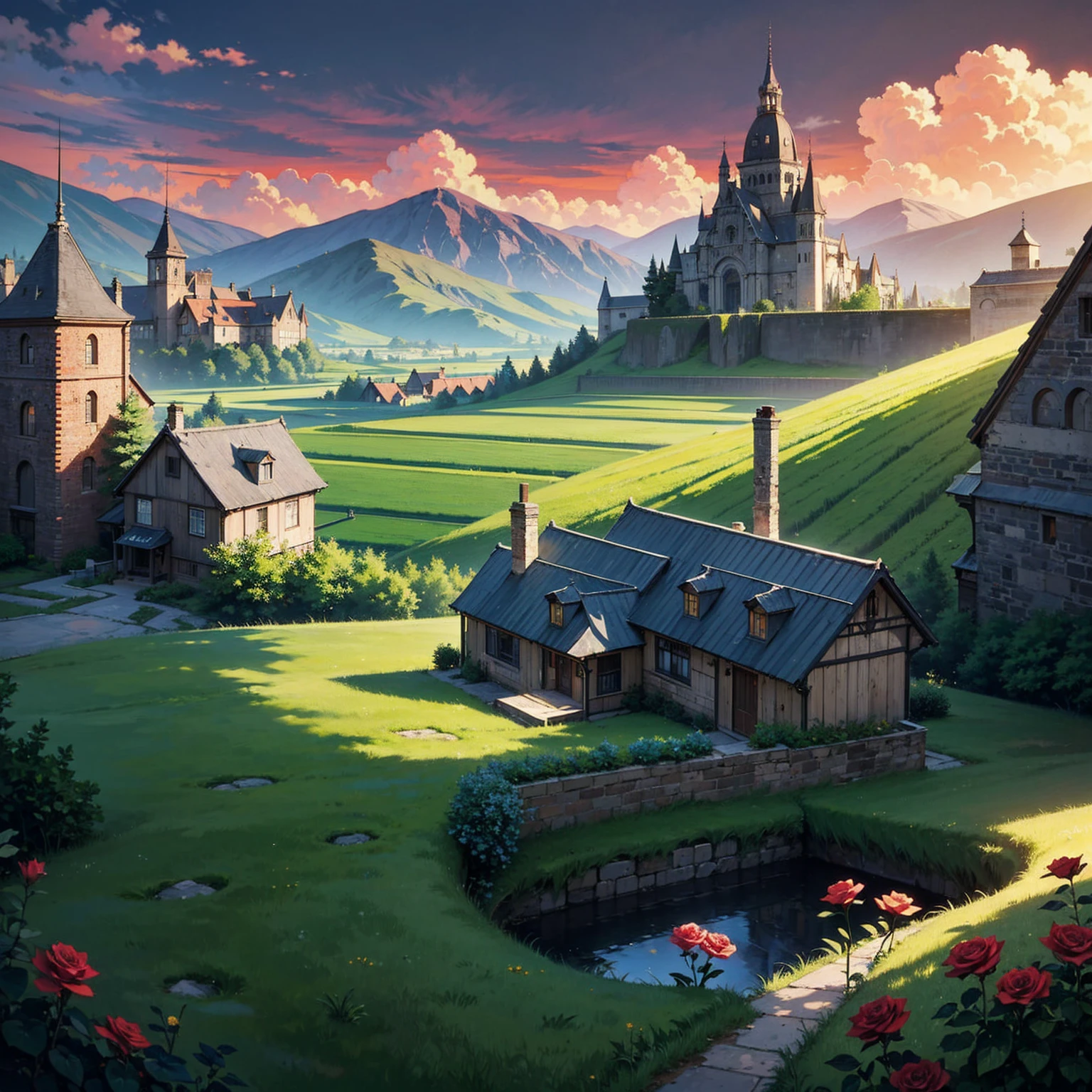 Style and Artistry Masterpiece: High-quality artwork Hayao Miyazaki-esque: Suggestive of the renowned animator's style Perfect symmetrical composition: Balanced and harmonious arrangement Setting and Atmosphere Fairy tale world: Enchanting and imaginative setting Red sky and grey clouds: Dramatic and atmospheric backdrop Visual Elements Green rose hut: Unique and whimsical central structure Terraced fields: Surrounding the hut, creating a layered landscape Green rice fields: Lush and vibrant natural element Blue rose flowers: Uncommon and magical floral detail Stone brick floor: Grounding element, adding a touch of realism
