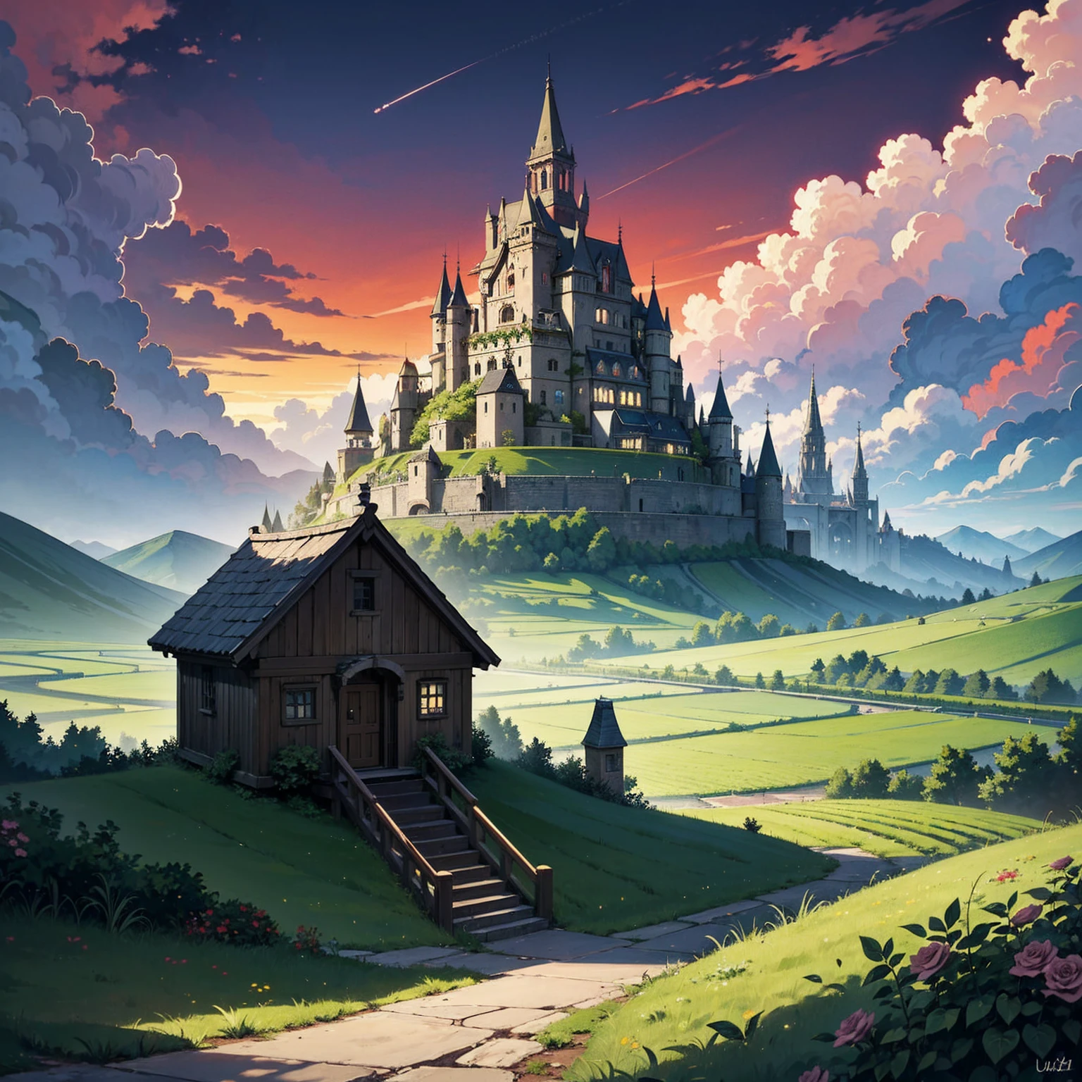 Style and Artistry Masterpiece: High-quality artwork Hayao Miyazaki-esque: Suggestive of the renowned animator's style Perfect symmetrical composition: Balanced and harmonious arrangement Setting and Atmosphere Fairy tale world: Enchanting and imaginative setting Red sky and grey clouds: Dramatic and atmospheric backdrop Visual Elements Green rose hut: Unique and whimsical central structure Terraced fields: Surrounding the hut, creating a layered landscape Green rice fields: Lush and vibrant natural element Blue rose flowers: Uncommon and magical floral detail Stone brick floor: Grounding element, adding a touch of realism