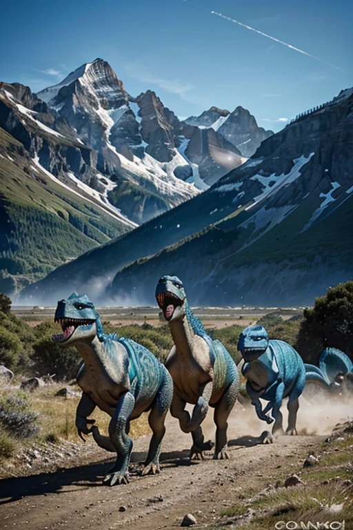 Dinosaurs hunting in a pack, The color blue, prehistoric landscape, with mountains in the background, looking at the front like that