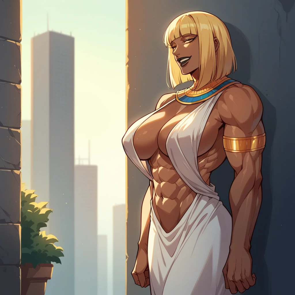 Dark buff strong woman character, muscle arms, muscle body, buff body, tall woman, full dark brown skin, strong arms, long fringe hair, blonde hair, blonde fringe hair, fringe hair, scales in body, black lips, egypt hair, milf, yellow lights, morning, city background, scales, mature woman, scale in arms, leaning against a wall, black open cleavage dress with abs, laugh, gold bioluminescent highlight patterns in skin, skin shine