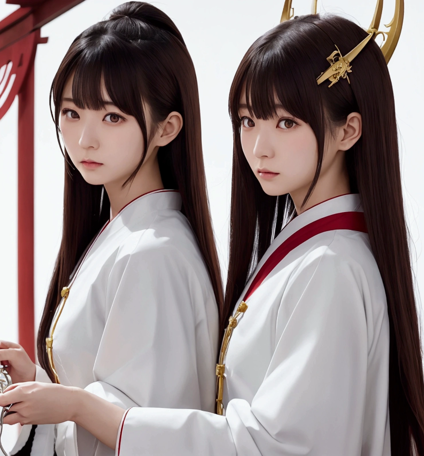 Japanese female priest、The costume is mainly white with red lines running down the shoulders.、Sideways、Holding a pair of silver sewing scissors、Gold hair ornament on the back of the head、Dark brown hair、Straight Long Hair、In the temple grounds、Upper body close-up