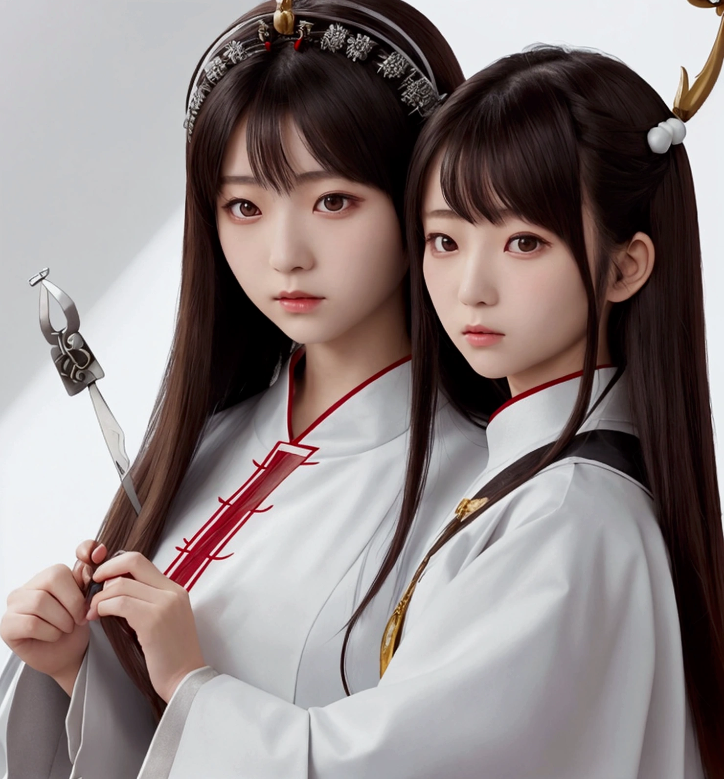 Japanese female priest、The costume is mainly white with red lines running down the shoulders.、Sideways、Holding a pair of silver sewing scissors、Gold hair ornament on the back of the head、Dark brown hair、Straight Long Hair、In the temple grounds、Upper body close-up