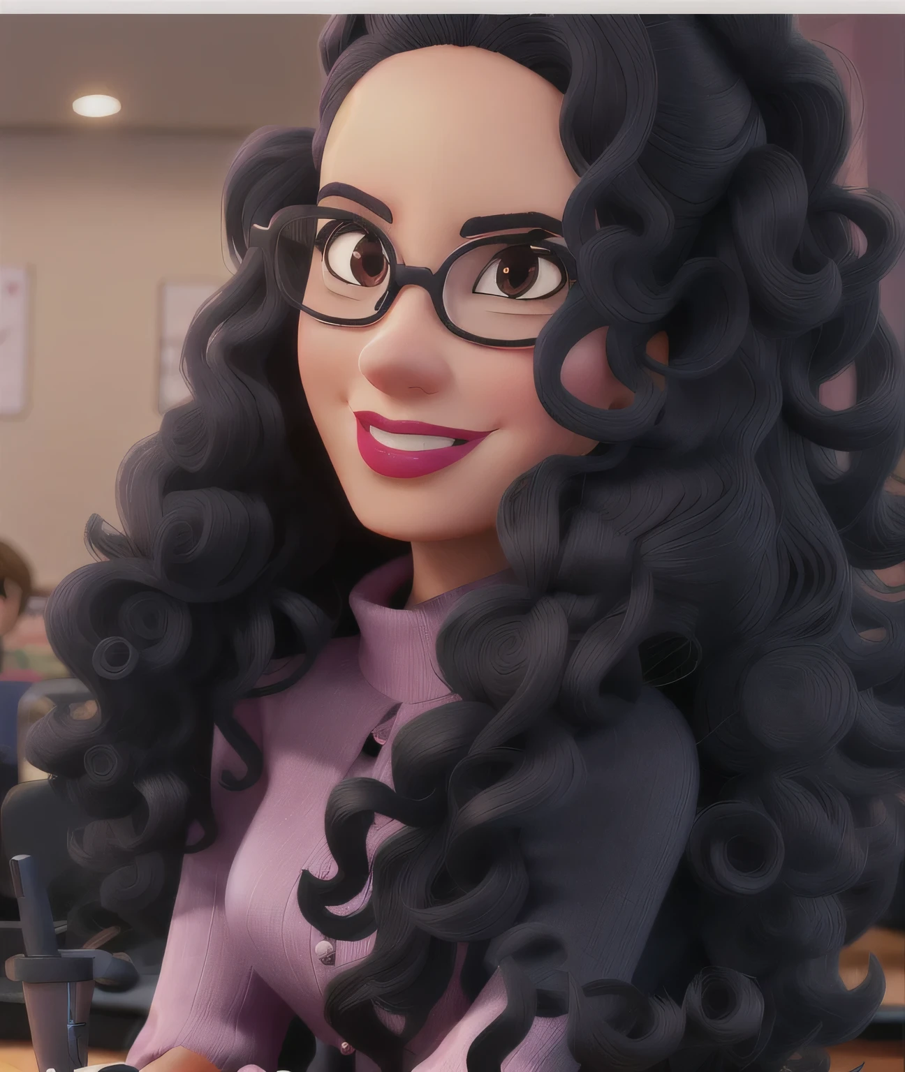 long curly black pixar style , with glasses sitting at a work table with nail styling style ,with folded hands, pink lipstick, image must be in a circular shape and with space to place a name around the image , This name will be Marina Ribeiro Nail Desainger
