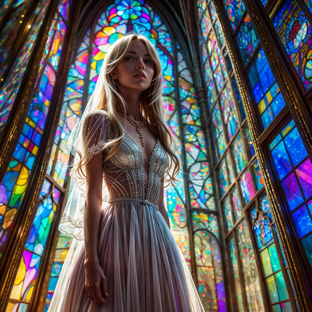  (Cathedral from below:1.28) (ZoomLayer) TopQuality 8K masterpiece of ((Professional photo)), (((Clarisse de Cagliostro))) (Detailed White WeddingDresses), Chain, (((Extremely detailed KAWAII face))) {((VeiledFace))|BlondeHair|(Elaborate BuleEyes)with(SparklingHighlights:1.28)}, The background is distant (((Elaborate stained glass))) Rainbow Glass, {(MysticSight)|EnchantingAtmosphere|Haze|(GodRays)|TyndallEffect}, Radiant PearlSkin with Transparency, (Exposed:0.39)