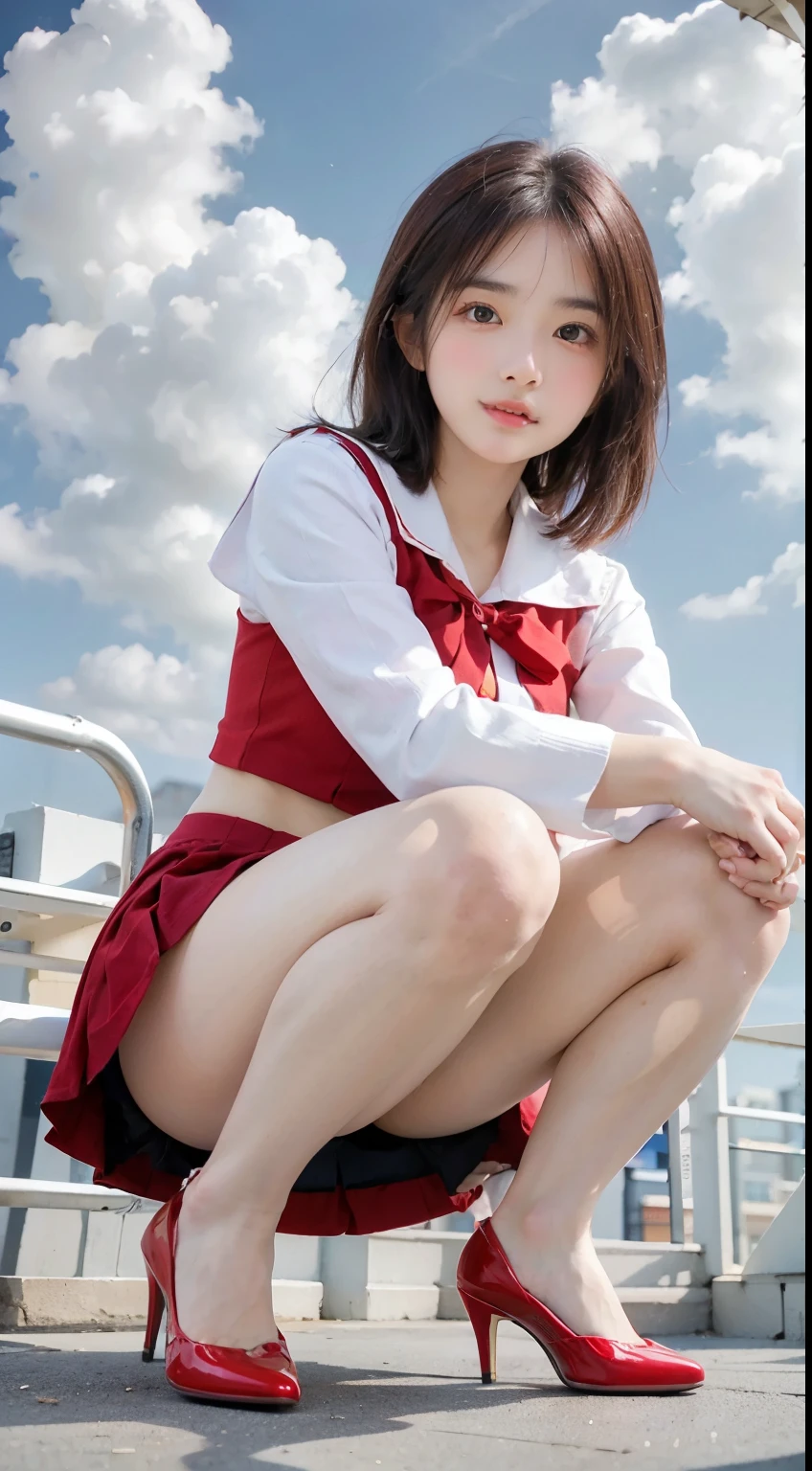 high quality、high resolution、masterpiece、Bright red sky、Beautiful crimson clouds in the background、Squat on the edge of the wave with your legs apart, Sailor suit、Red pleated skirt、Red High Heels、White lace panties、 She is posing for a photo shoot, Looking into the camera、Shooting from below、Intellectual look、Too cute face