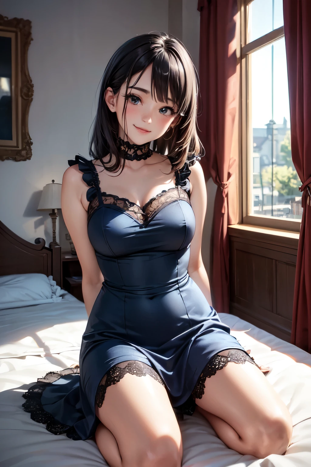 very cute and beautiful girl,(highly detailed beautiful face),(smile:1.2),blush,shy, black hair,looking at viewer, (floral blue summer dress with detailed frills),sleeveless,detailed lace, kneeling,arms behind back,antique hotel bedroom,window,countryside, (best quality,masterpiece),absurdres,highres,ultra-detailed,extremely detailed,32k,8k resolution, intricate details,cinematic scene,detailed background,solo,dynamic angle,