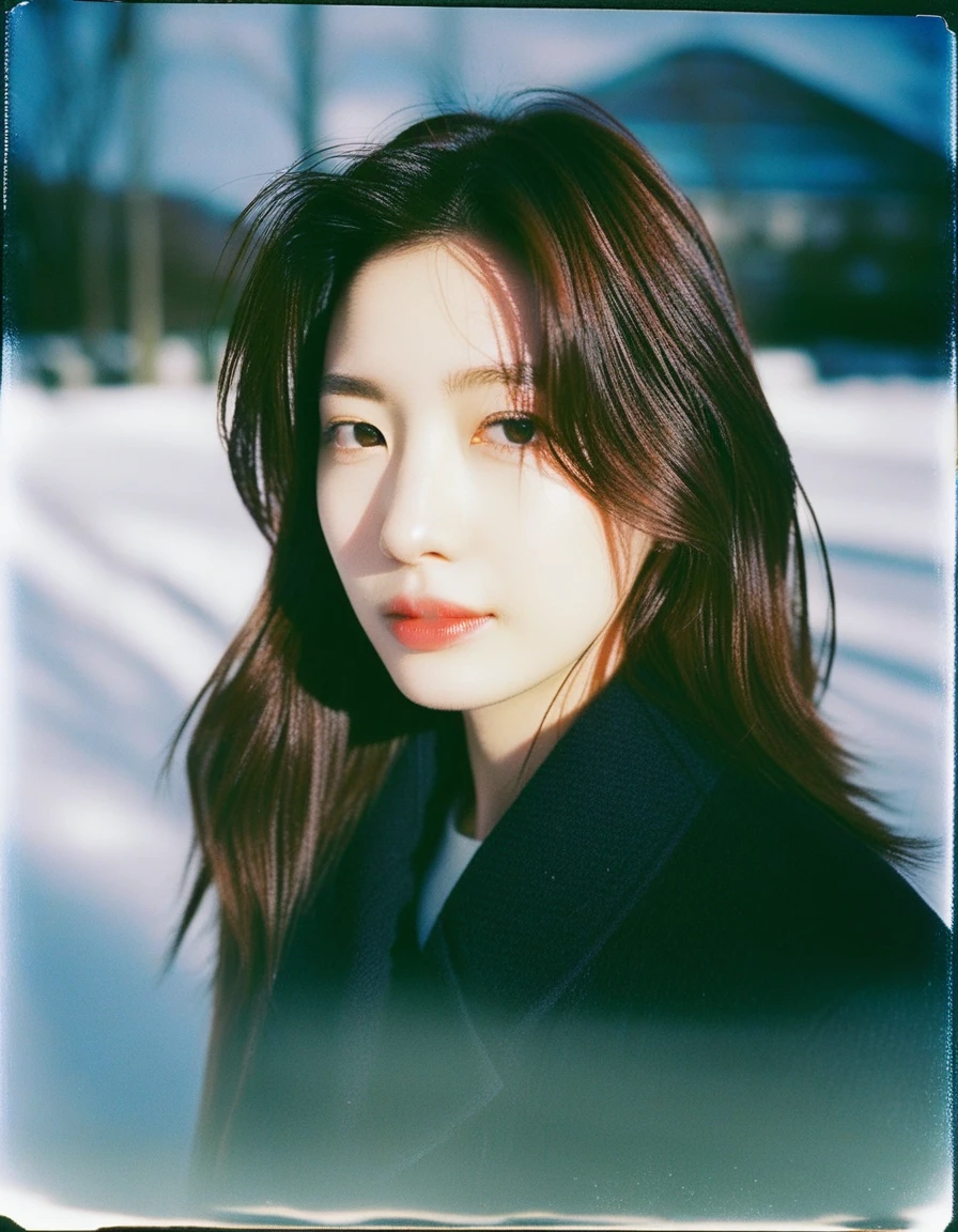 Beautiful face girl,red aura,(Japanese idol face, Anne Hathaway look alike : 0.7),a person walking in the snow,panasonic 35mm,indieground,cover shot,album artwork,soft emotion,inspired by kiyohara tama,depth of filed,funeral,a still of a happy,melancholy scenery,official artwork,character album cover,disposable film,highres,Tyndall effect,moody lighting,reality,photo_(medium),polaroid,ulzzang,