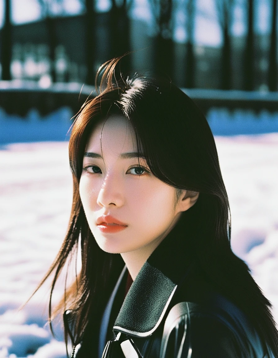 Beautiful face girl,red aura,(Japanese idol face, Anne Hathaway look alike : 0.7),a person walking in the snow,panasonic 35mm,indieground,cover shot,album artwork,soft emotion,inspired by kiyohara tama,depth of filed,funeral,a still of a happy,melancholy scenery,official artwork,character album cover,disposable film,highres,Tyndall effect,moody lighting,reality,photo_(medium),polaroid,ulzzang,
