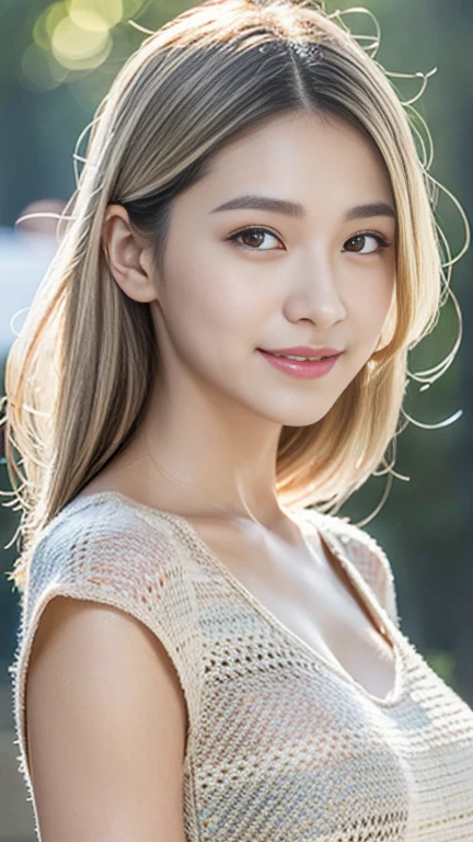 Japanese Girls、abroad、((highest quality,masterpiece,超A high resolution)),(Realistic:1.4),1 girl,Head to Knee,Dynamic posture,Adult face,slim,thin、(smile),(Shiny skin),(overview,frontage,Twilight),Gray Hair,Long white hair,Rainbow Eyes,Large Breasts,Top Fashion,mini skirt),(Clear Eyes),(Beautiful nose),(Transparent lips),(Fair skin),(Ultra-realistic woven texture)