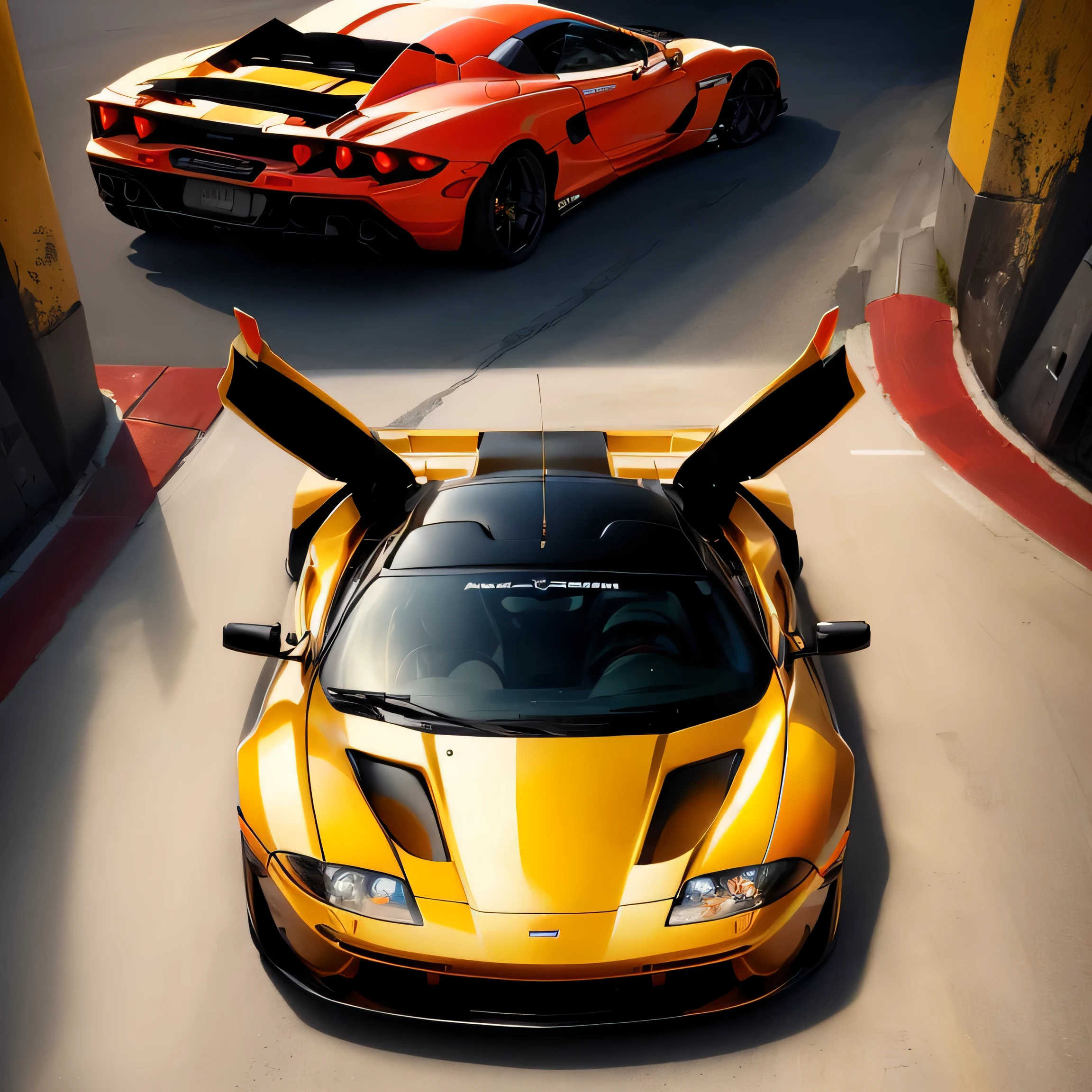 spiked sports car with open doors parked in a parking lot, cinematic front shot, mclaren, top - down photo, top-down perspective, front, top-down shot, top - down photograph, top down view, auto photography, central straight composition, top-down perspective, top - down photo, close up shot from the top, vehicle photography, Top-down view
