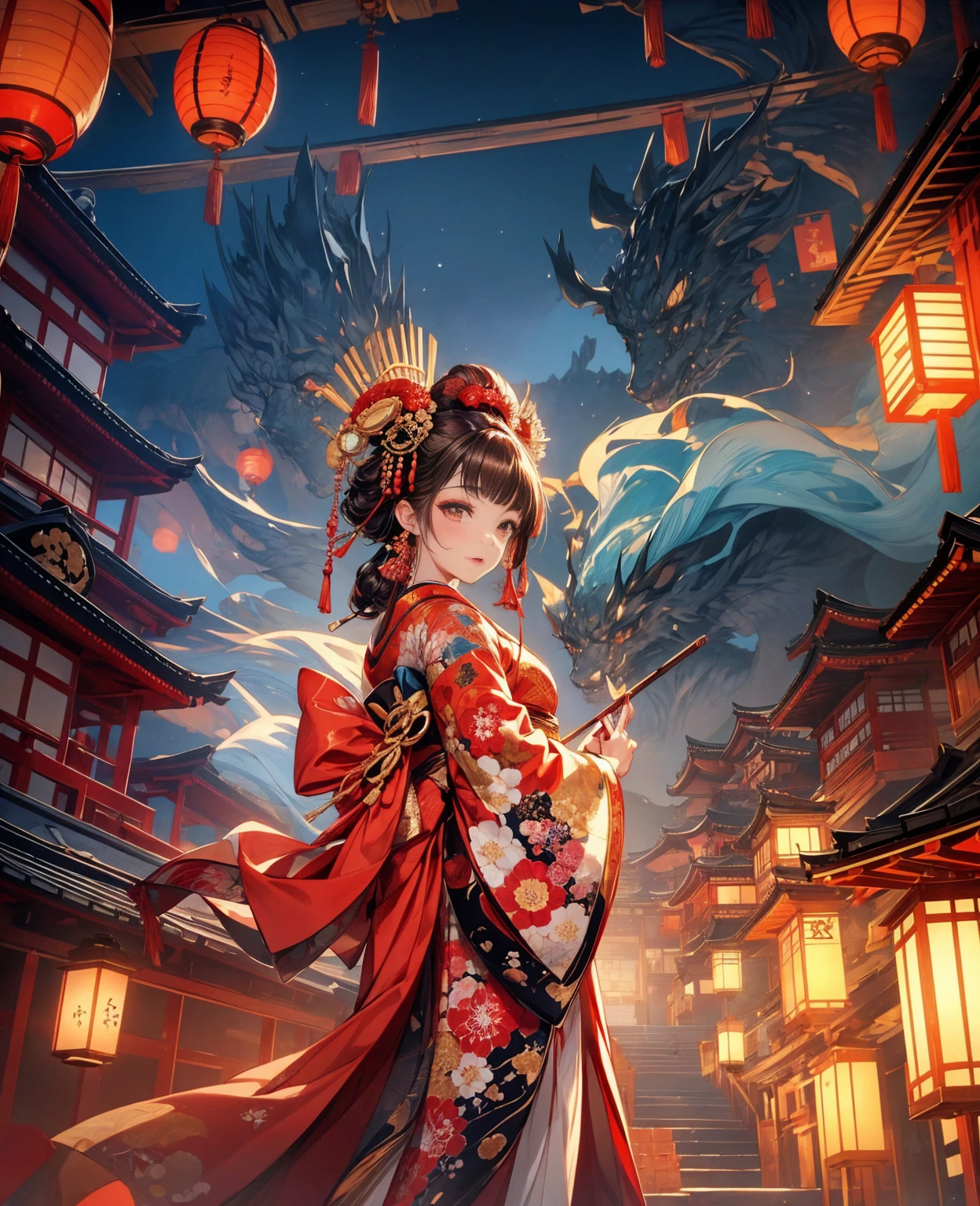 god々しく華やかに飾られたOiran,from behind,whole body,Oiran,kimono,luxurious makeup,(Gorgeous costumes:1.2),(Oiranの髪飾り,Big Barrel),(Smoke pipe),Osaka Castle seen in the distance,Oiran道中,Night scenery with lanterns lined up,Dynamic movement and powerful brushstrokes、Drawing strokes drawn with rot ring 0,