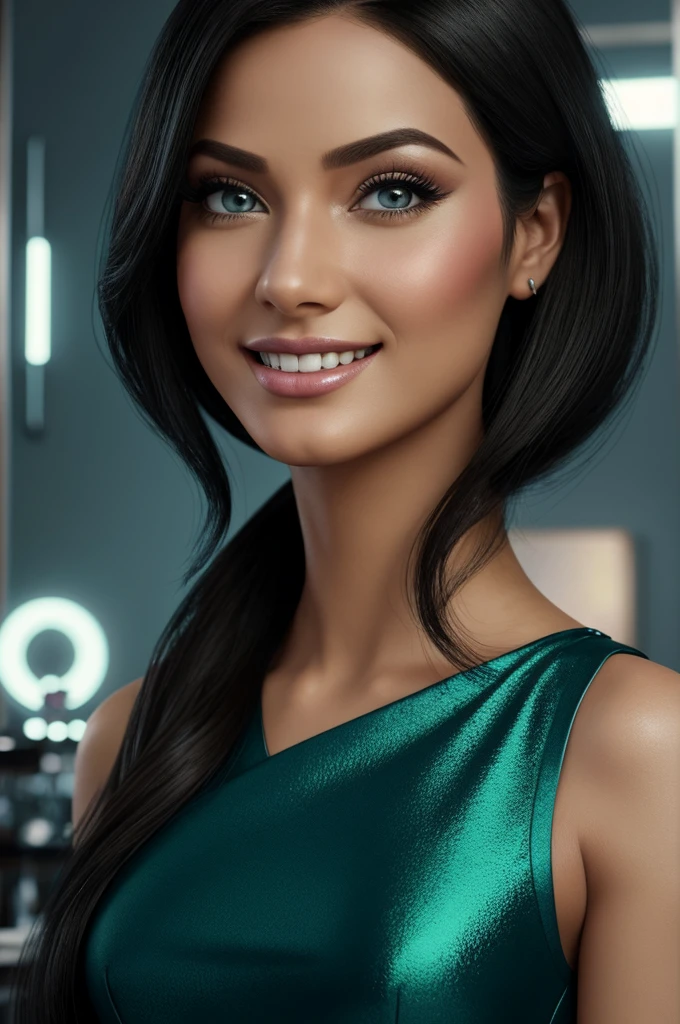 Realistic Disney pixar image of a young cosmetologist Cosmiatra beautiful detailed eyes, beautiful detailed lips, extremely detailed brown eyes and face, long eyelashes, 1 woman, estilo pixar,3D character, woman with straight black hair on one shoulder, woman in beauty salon with stretcher and cosmetics in the background, disney makeup,
smiling, foreground, pixar, Disney, cinematic lighting, photorealistic, masterpiece, high quality, hyperdetailed, vivid colors, sharp focus, professional cosmetologist uniform doctor green water woman full body