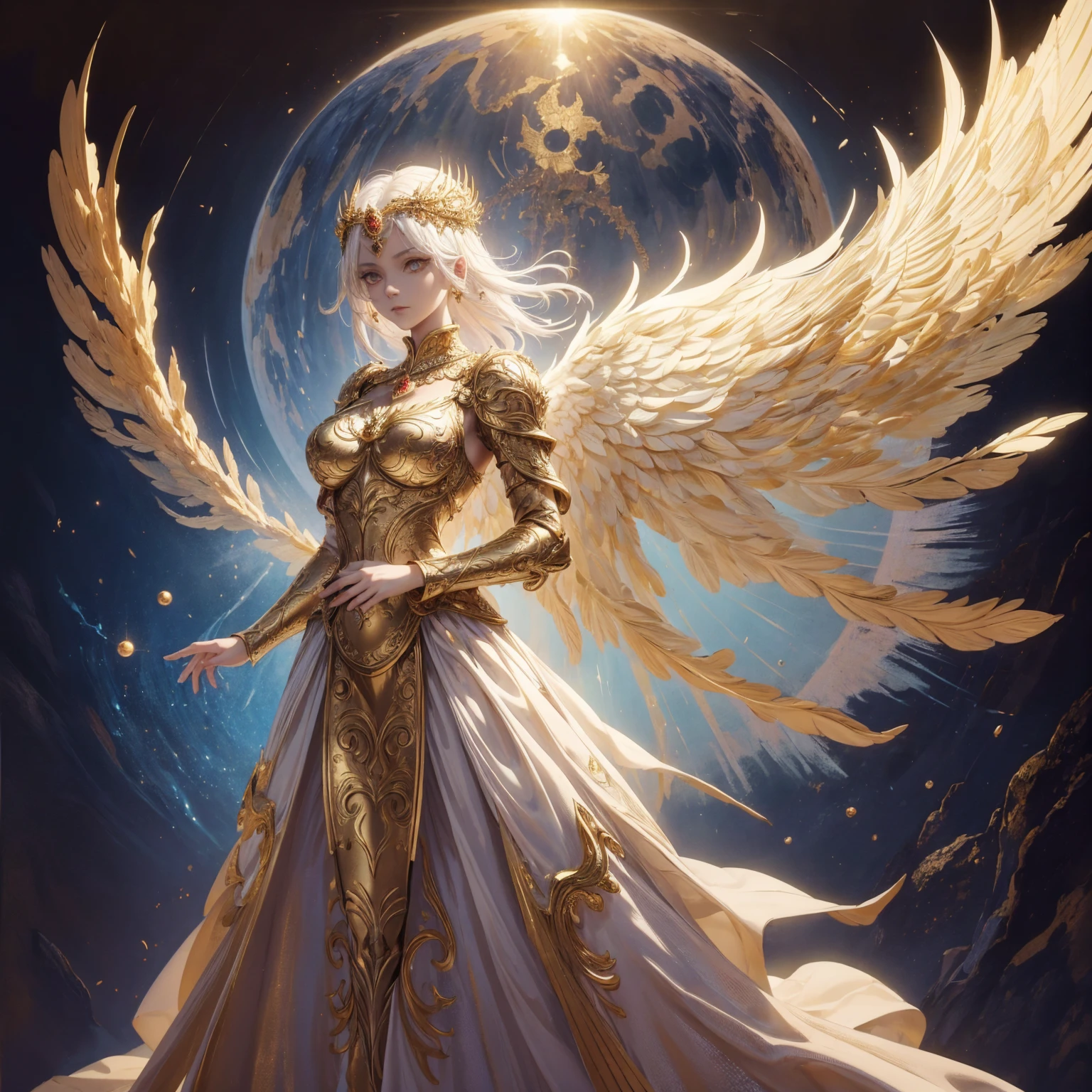 Art of Woman Wearing Sun Crown, Wearing a gorgeous golden breastplate that exposes a small amount of skin above the chest, Wearing a gorgeous golden dress, A pair of giant angel wings taller than the body spread out behind the woman., ancient goddess art, Sacredness. Very detailed, Mysterious inspiration, Inspiration from the Sun God, Religious inspiration, A divine background, Cold and snobbish face, Dangerous expressions, White hair, Standing pose floating in the air, One of the hands holds a brilliant sphere as bright as the sun., Full body portrait, Gothic art style, Weird art style, Occult art