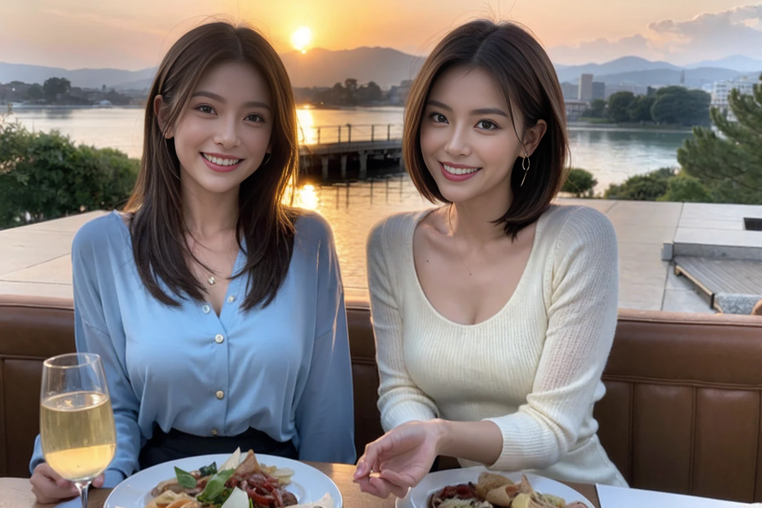 （Realistic:1.1）,(masterpiece,Highest quality)，8k,(44 years old), 47 years old, slimカップル、Model Couple、Actress/Actor、Tight waist,Upper Body,full-course dinner、wine 、Amazing view of the sunset sky and clouds、Perfect Anatomy, Brown Hair, short hair,Random Hairstyles,((Highly detailed face and eyes:1.2))(cute顔:1.4)，Beautiful actress face，Perfect golden ratio face，Long sleeve shirt、dress,(smile:1.2)、Shortcuts、cute、(Realistic, Intricate details:1.2), A bright smile、short hair,Bright Face、赤wine 、Appetizers、Italian food、wine bottle、Champagne、スパークリングwine、(slimな顔), (The body is slim), (Brown Hair), (Shortcuts),  Upper Body, 白wine, slim, wineグラス, 