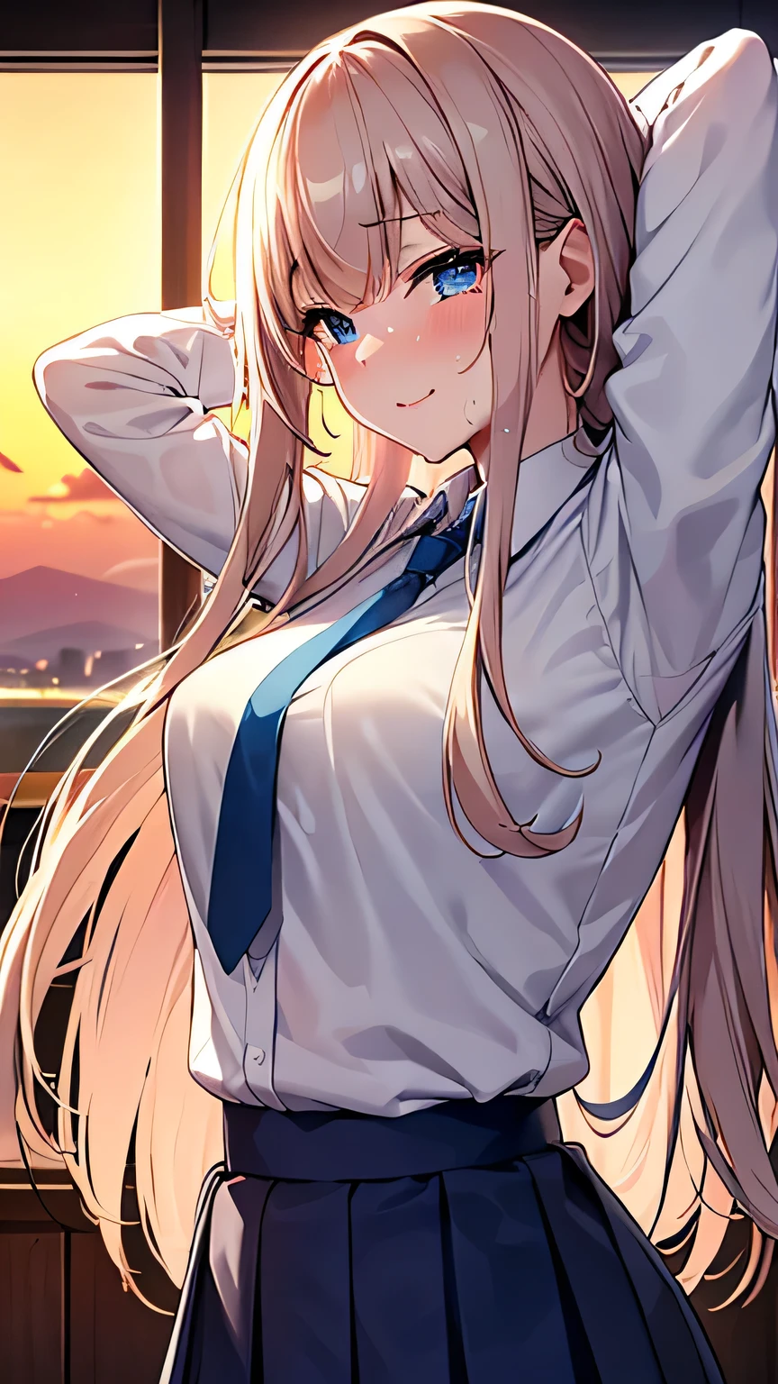Highest quality, Soft Light, Ultra-high resolution,People Girls, alone, sexy, （A shy smile),Tears in my eyes, （Open your mouth:1.2）,(Blue eyes), Beautiful face in every detail,(High resolution detail of human skin texture), (White long hair）, break,(Sweat:1.1),Sigh,Saliva dripping from the mouth,Dress shirt,tie,Pleated skirt,shot from the neck up,Extend one arm out in front,Look into the viewer,masterpiece,classroom,Sunset,Carry a school bag over one&#39;s shoulder,Unbutton the chest