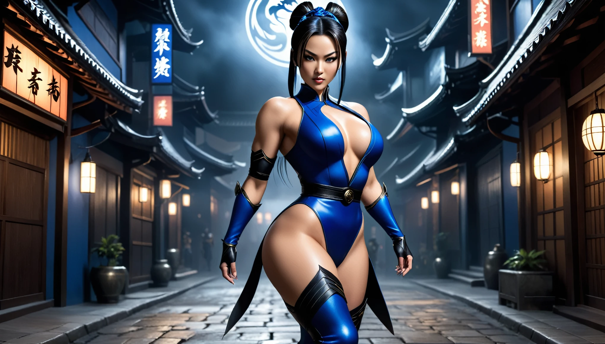 Hyper-realistic full-body image in 8k of Kitana from Mortal Kombat, beautiful, stunning with a sensual look, “with her hair tied in a Japanese bun”. “She holds her Tessenjutsu with sharp blades, she has a sculpted and toned body, defined as an athlete, which highlights her physical beauty.” Dressed in her blue and black leotard, long thigh-high boots with high heels, inspired by mortal kombat costumes, which highlight her feminine fighter figure. Standing in the middle of a dark street ring diffuse lighting, air of mystery and gloom