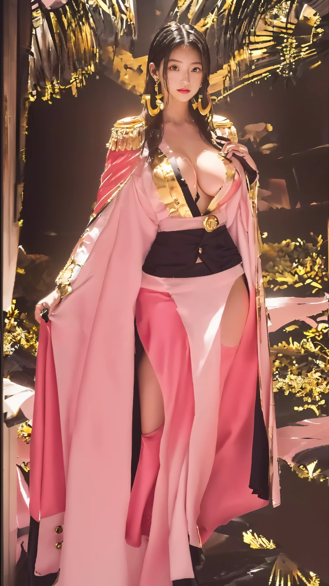 Moisturized skin, (Pink and bright eyes), (Looking down on people), Perfect body,
BREAK,
(Beautiful navel), (Side slit), (Epaulets), Cape, Crop top, Cloak,
BREAK,
(Super long hair), (Large gold and curved earrings: 1.2),
BREAK,
(((Masterpiece + Highest quality + High resolution + Very detailed))), (Full body: 1.2), Symmetrical, One shot,
BREAK,
(In the streets of Japan: 1.3),
BREAK,
(ONE PIECE), (Imada Mio: 1.4), (Boa Hancock: 1.3), ((Large snake)),