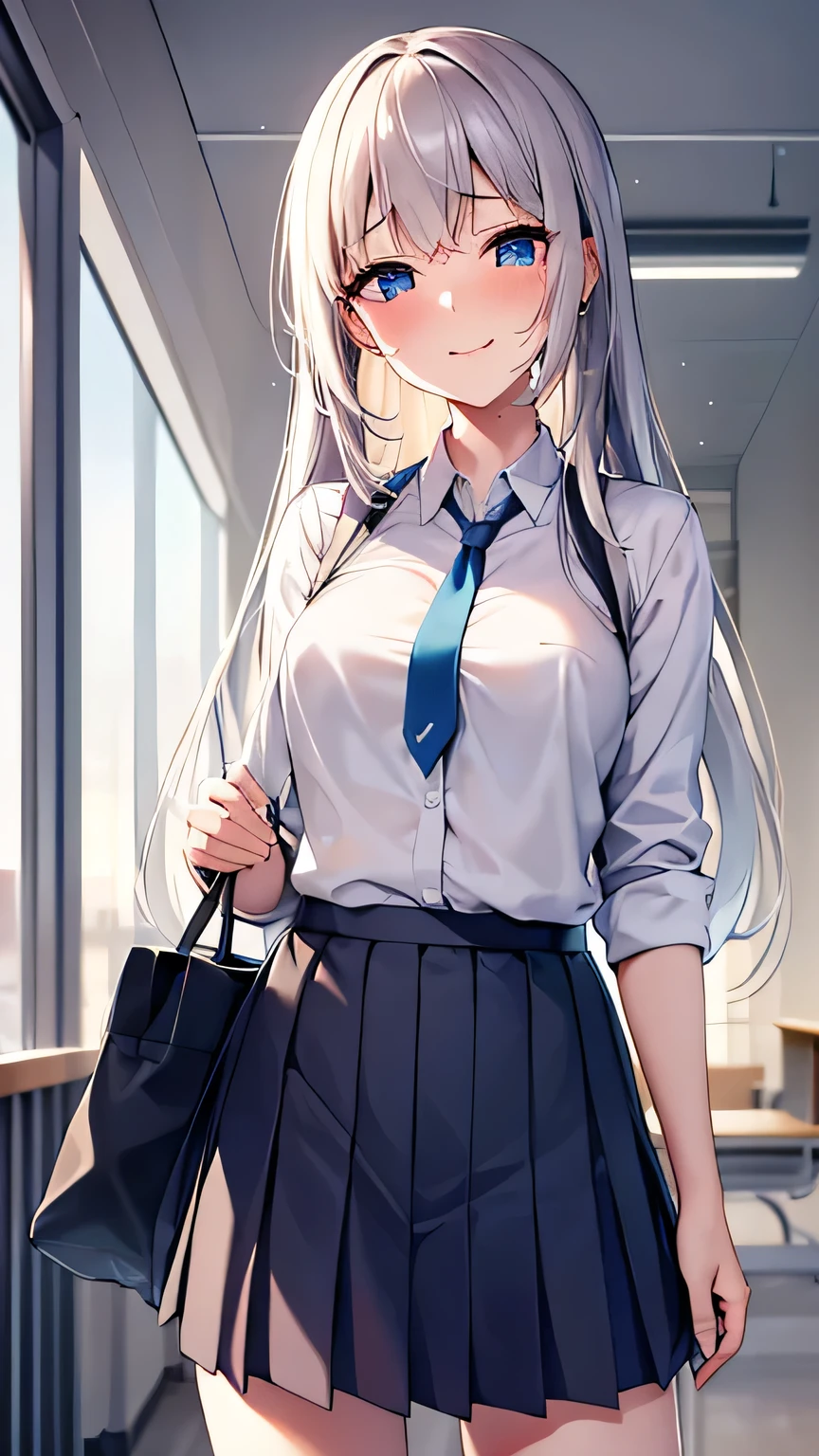 Highest quality, Soft Light, Ultra-high resolution,People Girls, alone, sexy, （A shy smile),Tears in my eyes, （Open your mouth:1.2）,(Blue eyes), Beautiful face in every detail,(High resolution detail of human skin texture), (White long hair）, break,(Sweat:1.1),Sigh,Saliva dripping from the mouth,Dress shirt,tie,Pleated skirt,shot from the neck up,Extend one arm out in front,Look into the viewer,masterpiece,classroom,Sunset,Carry a school bag over one&#39;s shoulder,Unbutton the chest