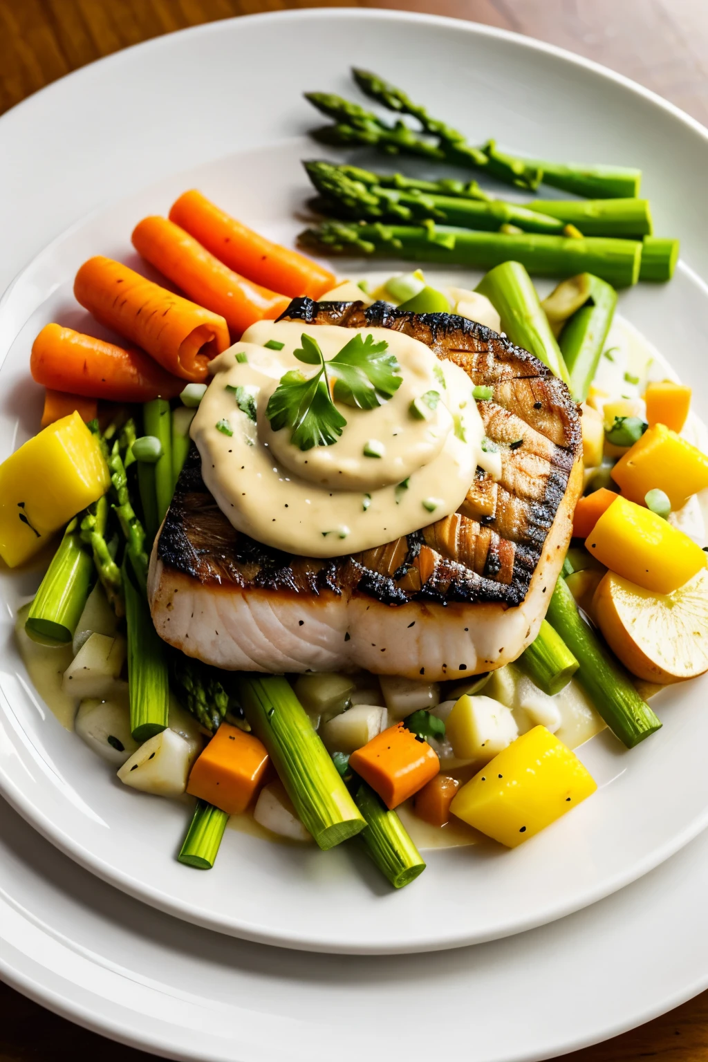 a dish, where the main piece is a filet of sole with a seed crout on top, on a mattress of leek and cream sauce, On one side, in a ring, a sole ceviche with various colors of fruits and vegetables, As a second garnish, a potato rose, pear and roquefort, some candied mini asparagus and carrots, and a mango sauce on the plate