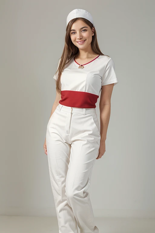 Photo of A young european nurse smilling, 35mm camera soft blur background, Full body portrait Wearing white uniform including pants
