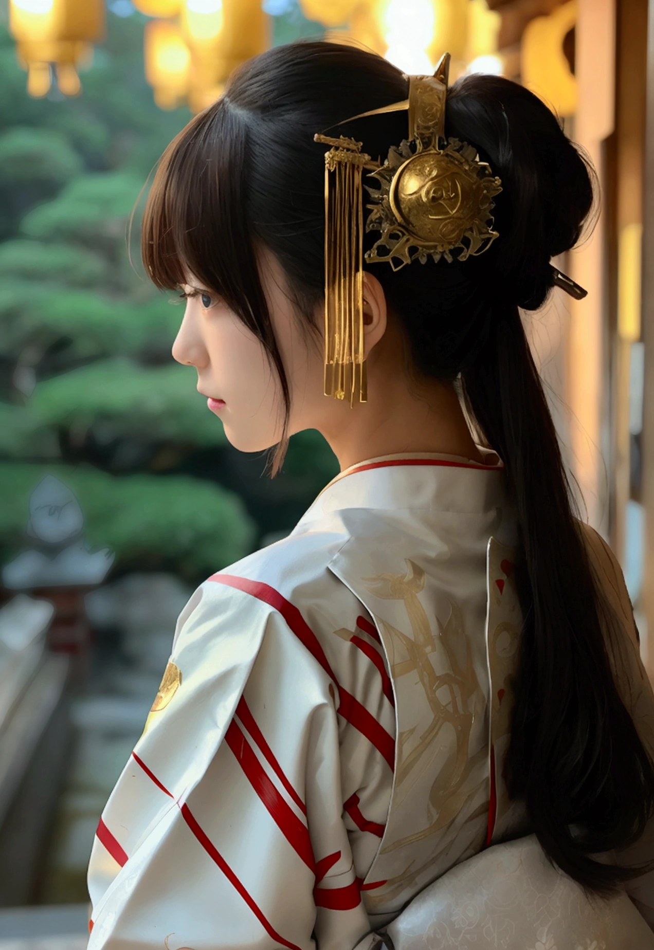 A Japanese female priest、The costume is mainly white with red lines running down the shoulders.、Sideways、Holding a pair of silver sewing scissors、Gold hair ornament on the back of the head、Dark brown hair、Straight Long Hair、In the temple grounds、Upper body close-up