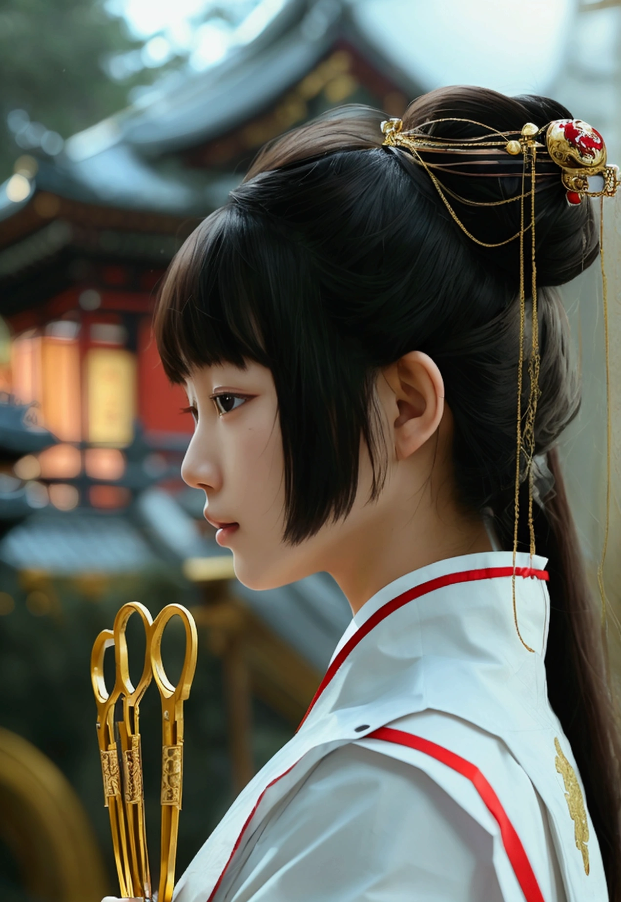 A Japanese female priest、The costume is mainly white with red lines running down the shoulders.、Sideways、Holding a pair of silver sewing scissors、Gold hair ornament on the back of the head、Dark brown hair、Straight Long Hair、In the temple grounds、Upper body close-up