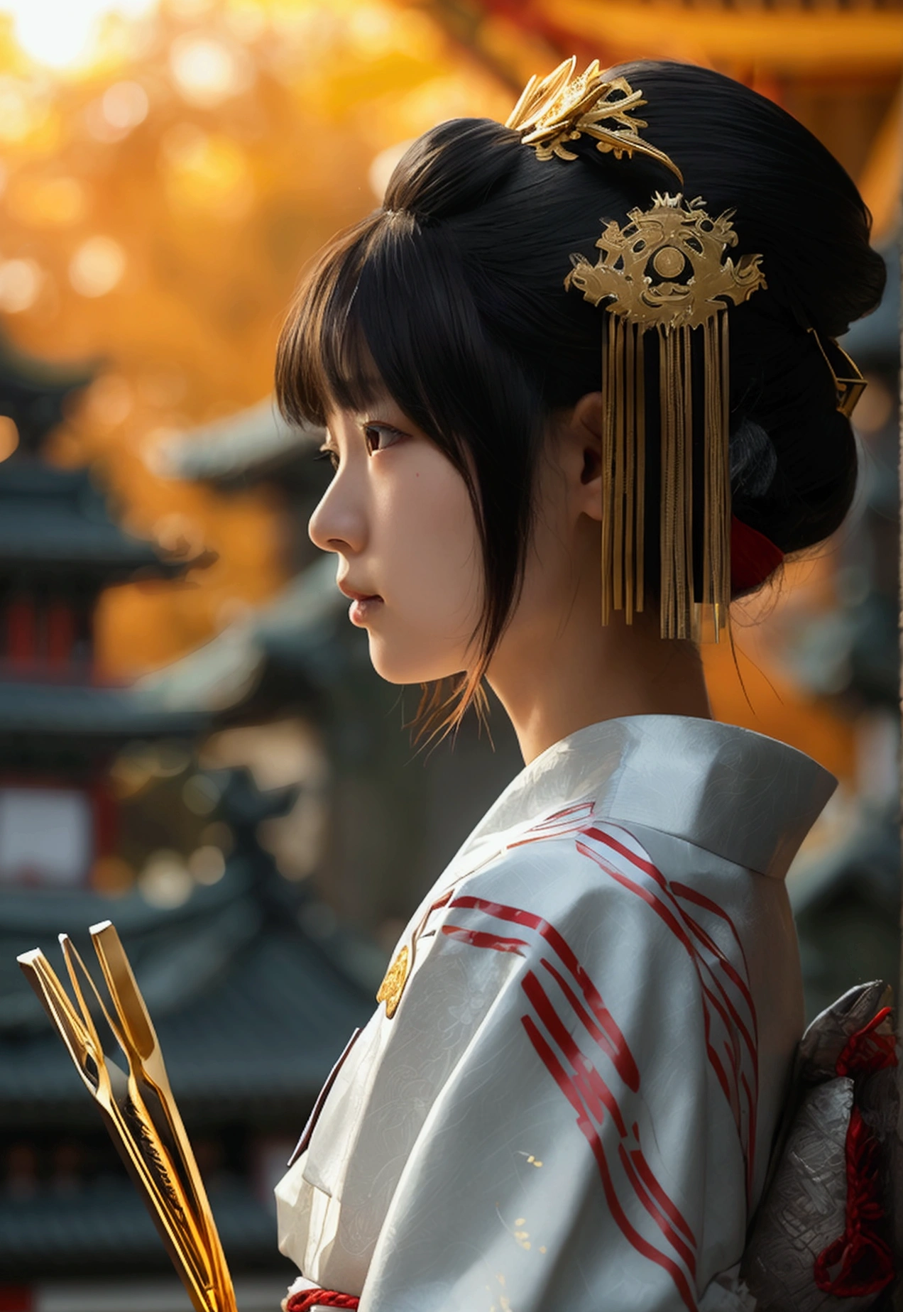 A Japanese female priest、The costume is mainly white with red lines running down the shoulders.、Sideways、Holding a pair of silver sewing scissors、Gold hair ornament on the back of the head、Dark brown hair、Straight Long Hair、In the temple grounds、Upper body close-up