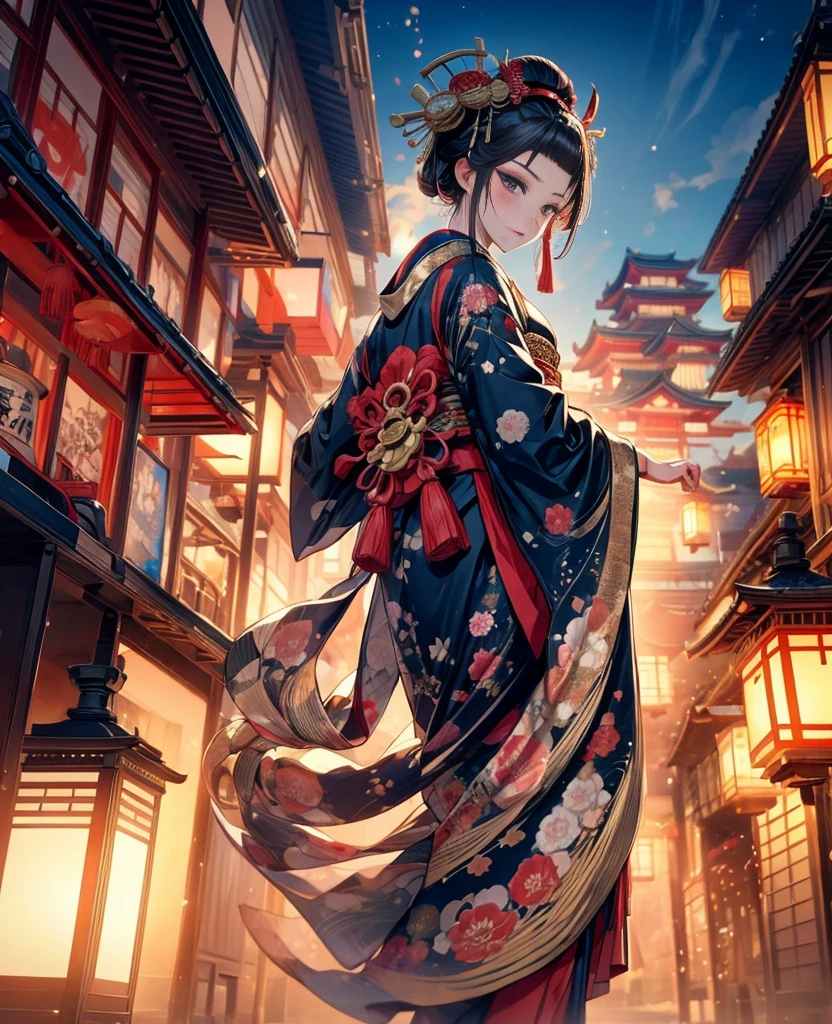 8k,god々しく華やかに飾られたOiran,from behind,whole body,Oiran,Black kimono,luxurious makeup,(Gorgeous costumes:1.2),(Oiranの髪飾り,Big Barrel),(Smoke pipe),Osaka Castle seen in the distance,Oiran道中,Night scenery with lanterns lined up,Dynamic movement and powerful brushstrokes、Drawing strokes drawn with rot ring 0,