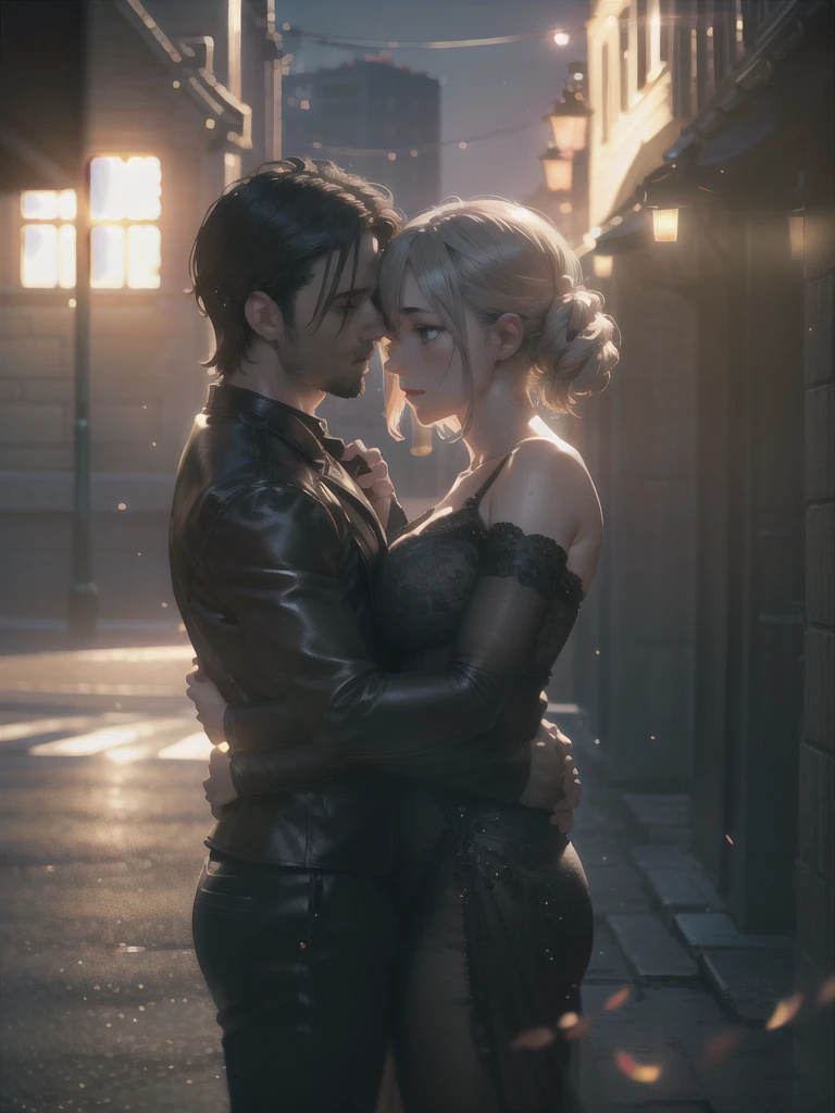 A romantic couple, a man and woman embracing, attractive woman with beautiful detailed eyes, lips, and face, attractive man with perfect body anatomy, highly detailed, hyper realistic, masterpiece, 8K, super detailing, Precise, Best quality, HD, high resolution, cinematic lighting, depth of field, light and shade contrast, photorealistic, professional photography