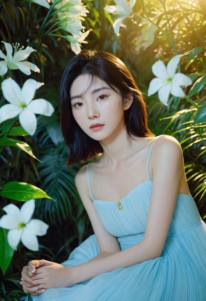 A woman,photography by Rinko Kawauchi,model Komatsu in lightblue Fantasy Rainforest,with white flowers,backlight,golden hour,Video screen capture