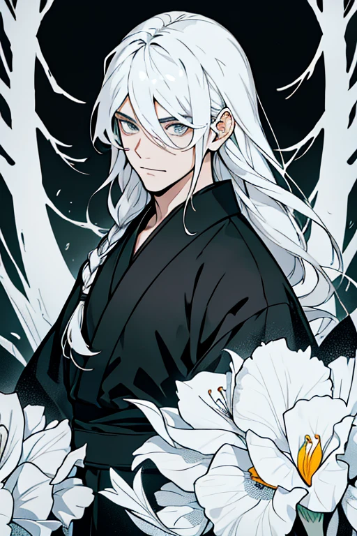A boy, with long white hair with black tips ,a black outline around the eyes, a black and white kimono, and black rays around the eyes, irises are black, and white skin. forest background.