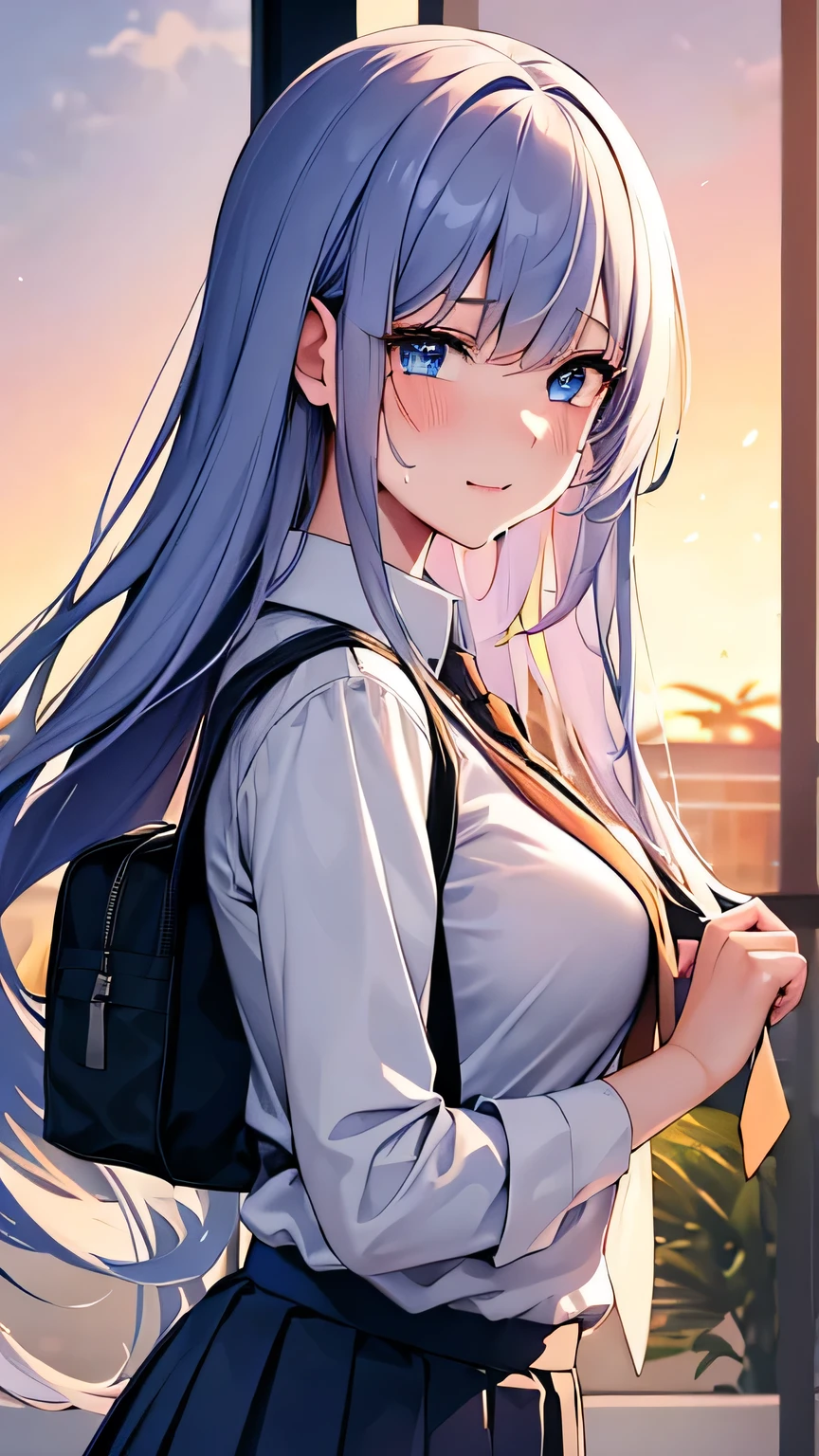 Highest quality, Soft Light, Ultra-high resolution,People Girls, alone, sexy, (A shy smile),Tears in my eyes, (Open your mouth:1.2),(Blue eyes), Beautiful face in every detail,(High resolution detail of human skin texture), (White long hair), break,(Sweat:1.1),Sigh,Saliva dripping from the mouth,Dress shirt,tie,Pleated skirt,shot from the neck up,Extend one arm out in front,Look into the viewer,masterpiece,classroom,Sunset,Carry a school bag over one's shoulder,Unbutton the chest