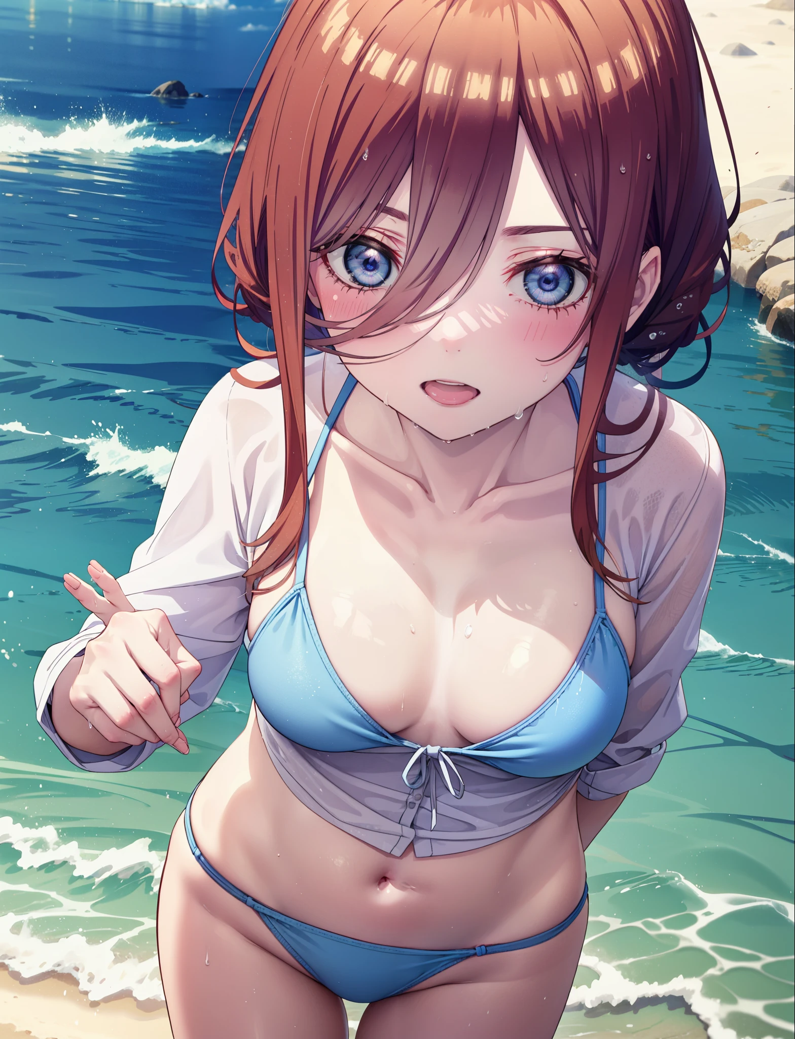 Miku Nakano, miku nakano, Long Hair, bangs, blue eyes, Brown Hair, shirt, Hair between the eyes, Blue string bikini swimsuit,barefoot,Water Play,Wet Hair,Wet Hair,Wet swimsuit,Hair Bun, double Hair Bun,Hair Lock,smile,Open your mouth,Ocean水浴,True Summer,Clear skies,whole bodyがイラストに入るように,
break outdoors, Ocean,Sandy Beach,
break looking at viewer, whole body, (Cowboy Shot:1. 5)
break (masterpiece:1.2), Highest quality, High resolution, unity 8k wallpaper, (figure:0.8), (Beautiful attention to detail:1.6), Highly detailed face, Perfect lighting, Highly detailed CG, (Perfect hands, Perfect Anatomy),