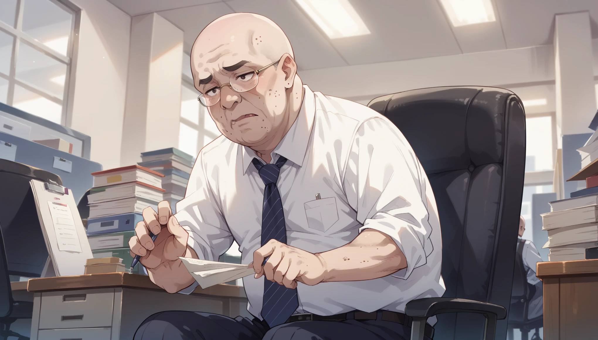 ugly bald guy,office suit,in the office sitting,distant perspective
