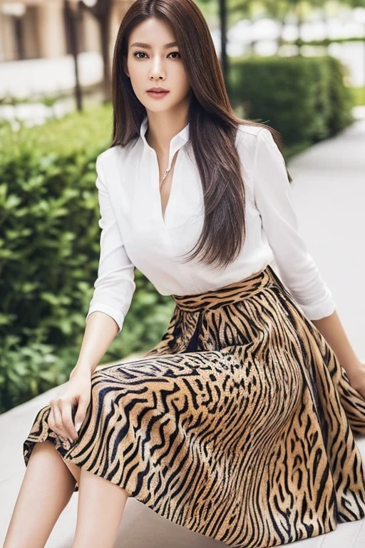 (Highest quality、Ultra-high resolution)、(Full Body Portrait)、(colored shirt with collar)、(Animal print long skirt:1.3)、(silk pantyhose)、High heels、Both legs look beautiful、Sitting pose、1 girl、(Large Breastodern architecture in the background、(((Perfect Anatomy, Perfect body, Perfect hands, Perfect Face, Perfect Eyes, Accurate, Anatomically correct))), Perfectly clear and sharp focus, Highest quality、Ultra-high resolution, masterpiece, Ultra-realistic、Professional Lighting