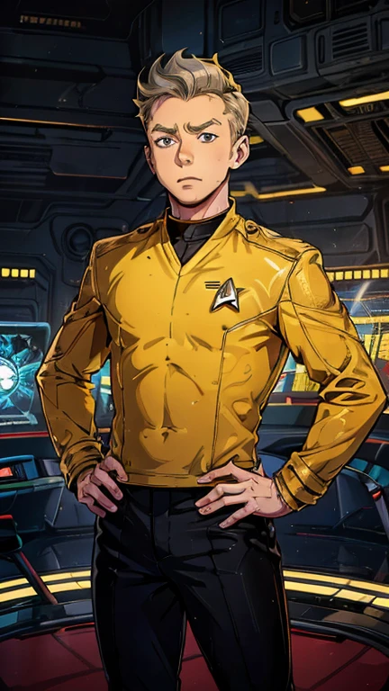 (Teens:1boy: Tintin,stsnwunf uniform), (extremely detailed CG unit 8k wallpaper),(master part), (best quality), (ultra detali), (best illustration),(melhor ombre), cowboy shot, (Sharp eyeliner, ombre, detailed eyes:1), Starship bridge background, ,break , (star15escola:1.2), upper body,short hair, grey hair, 1man,1boy, yellow top,black pant