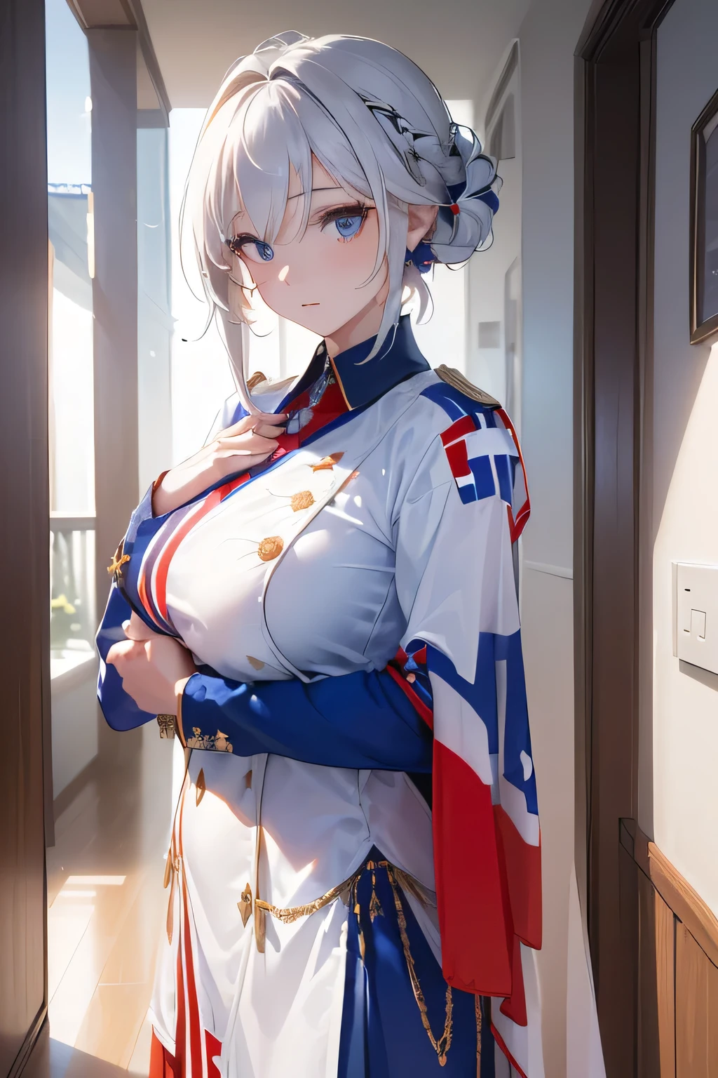 (((Costume inspired by the flag of the Kingdom of Norway:1.3))),(((Woman in men's clothing:1.3))),(),(masterpiece,Highest quality,Ultra-high resolution output images,Write boundary depth,Intricate details,Adding dimension to your subject with the contrast of light and shadow,Anatomically correct facial structure),(Picture Mode Ultra HD,)