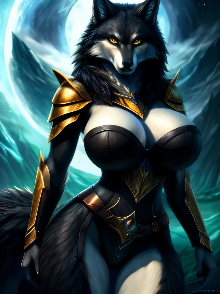 anthropomorphic wolf,Whole body,female,big breasts,Wide hips,sexy,striking pose,seductive look,fantasy art style,(Best Quality,4k,8k,High resolution,masterpiece:1.2),seductive curves,detailed skin,black fur,armor, Perfect eyes, yellow eyes