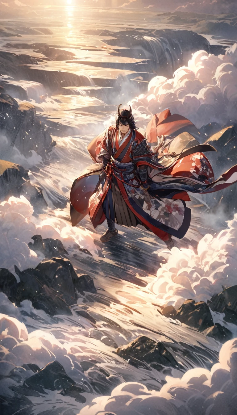 absurdres, ultra detailed, beautiful lighting, (focus solo boy)1.1, masterpiece, (Japanese traditional kimono)456533, (sophisticated landscape)1.2, (great composition)1.5, realism, Meiji art, (samurai)1.2, full body, atmosphere, steam texture, looking at viewer, shape composition, wide shot, from above 